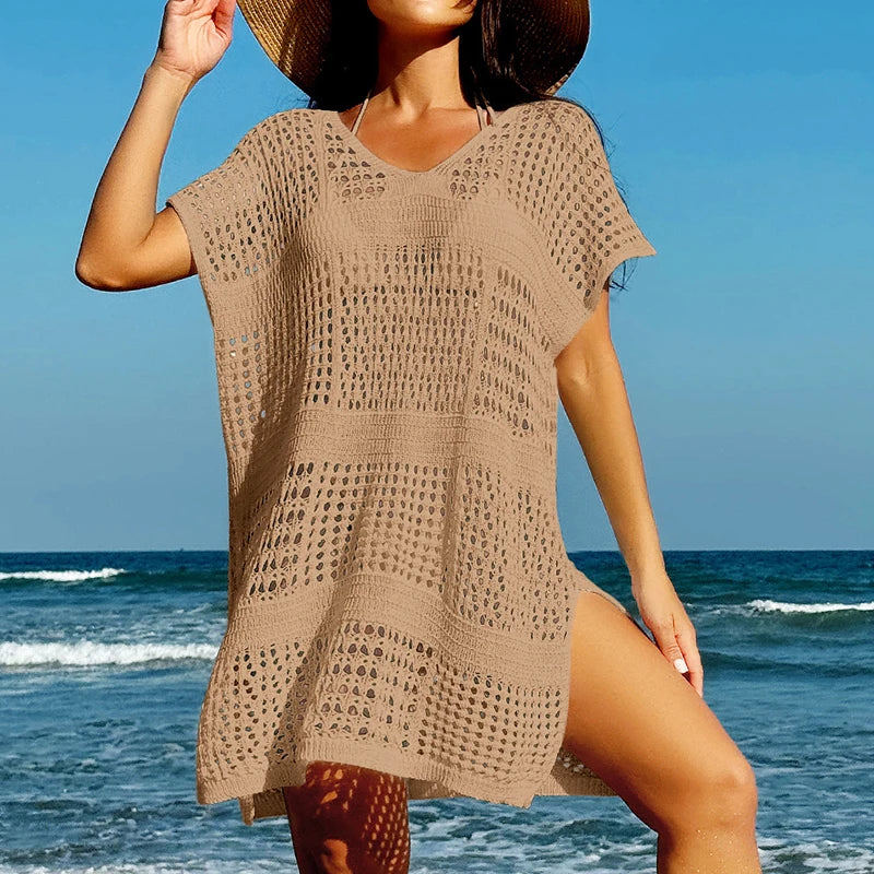 Hollow Out V Neck Knitted Beach Cover Up