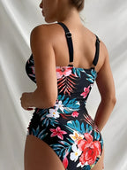 Floral Print Ruched One Piece Swimsuit Cross Back Monokini