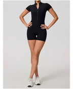 Short Sleeve Backless Yoga Jumpsuit Women Zip Front Fitness Romper