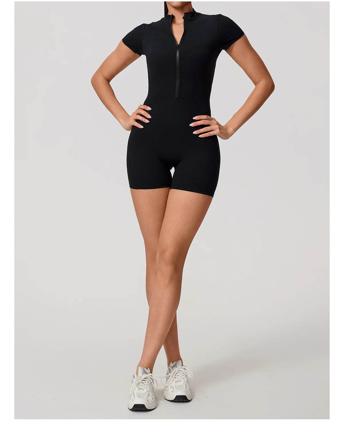 Short Sleeve Backless Yoga Jumpsuit Women Zip Front Fitness Romper