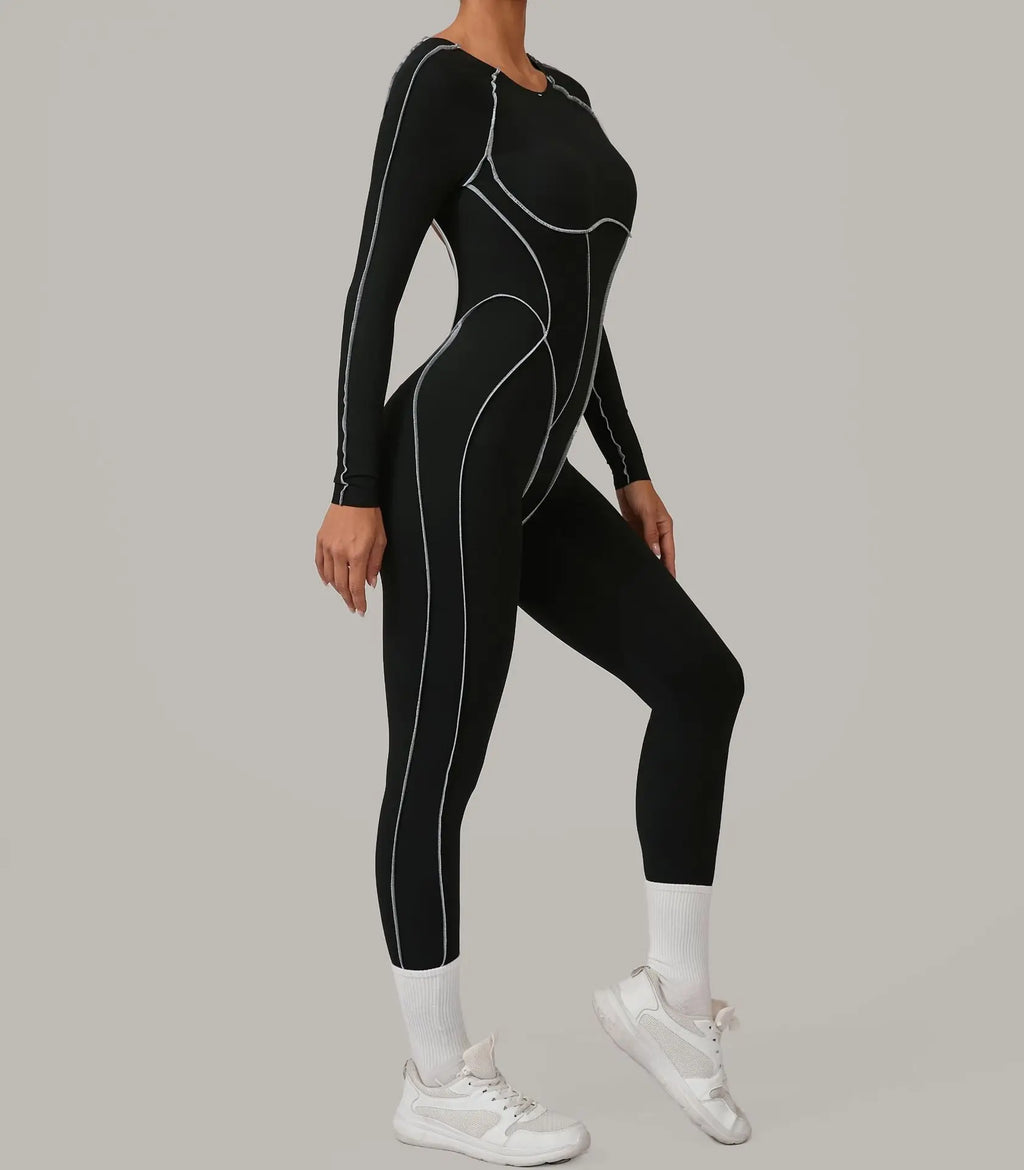 Long Sleeve Backless Jumpsuit Women Hollow Out Contrast Trim Sculpting Catsuit