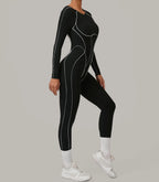 Long Sleeve Backless Jumpsuit Women Hollow Out Contrast Trim Sculpting Catsuit