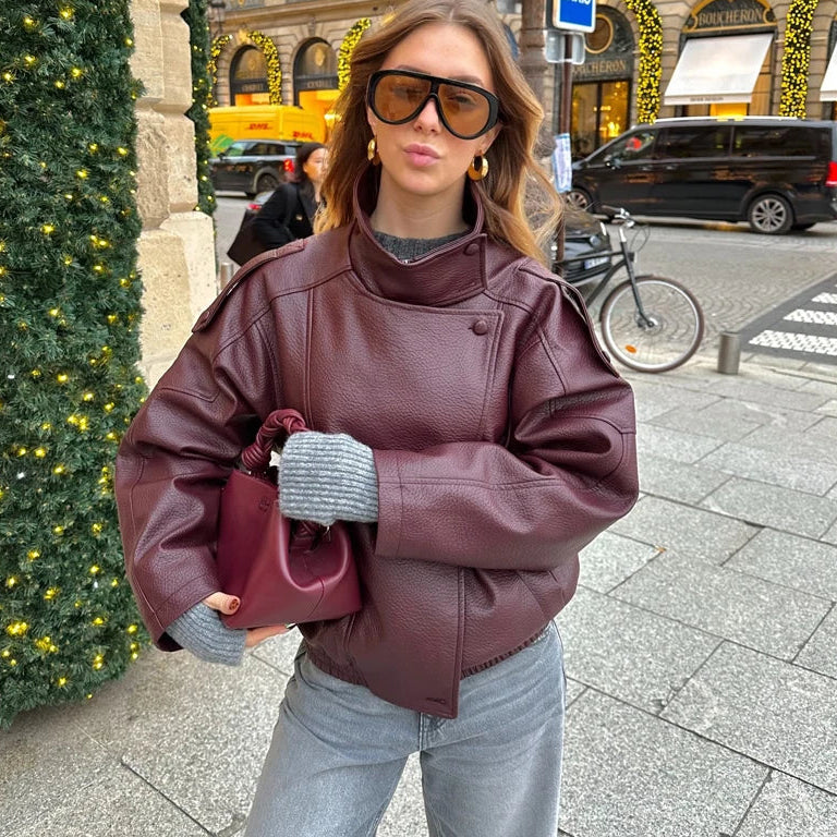 Jaqueta Bomber Oversized Couro PU Texturizado