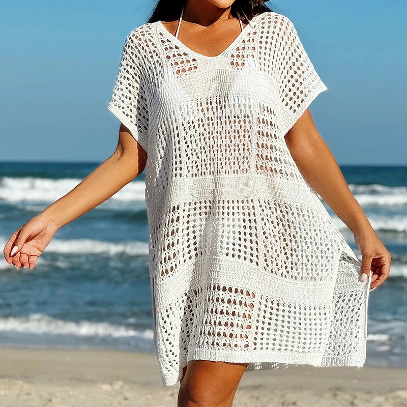 Hollow Out V Neck Knitted Beach Cover Up