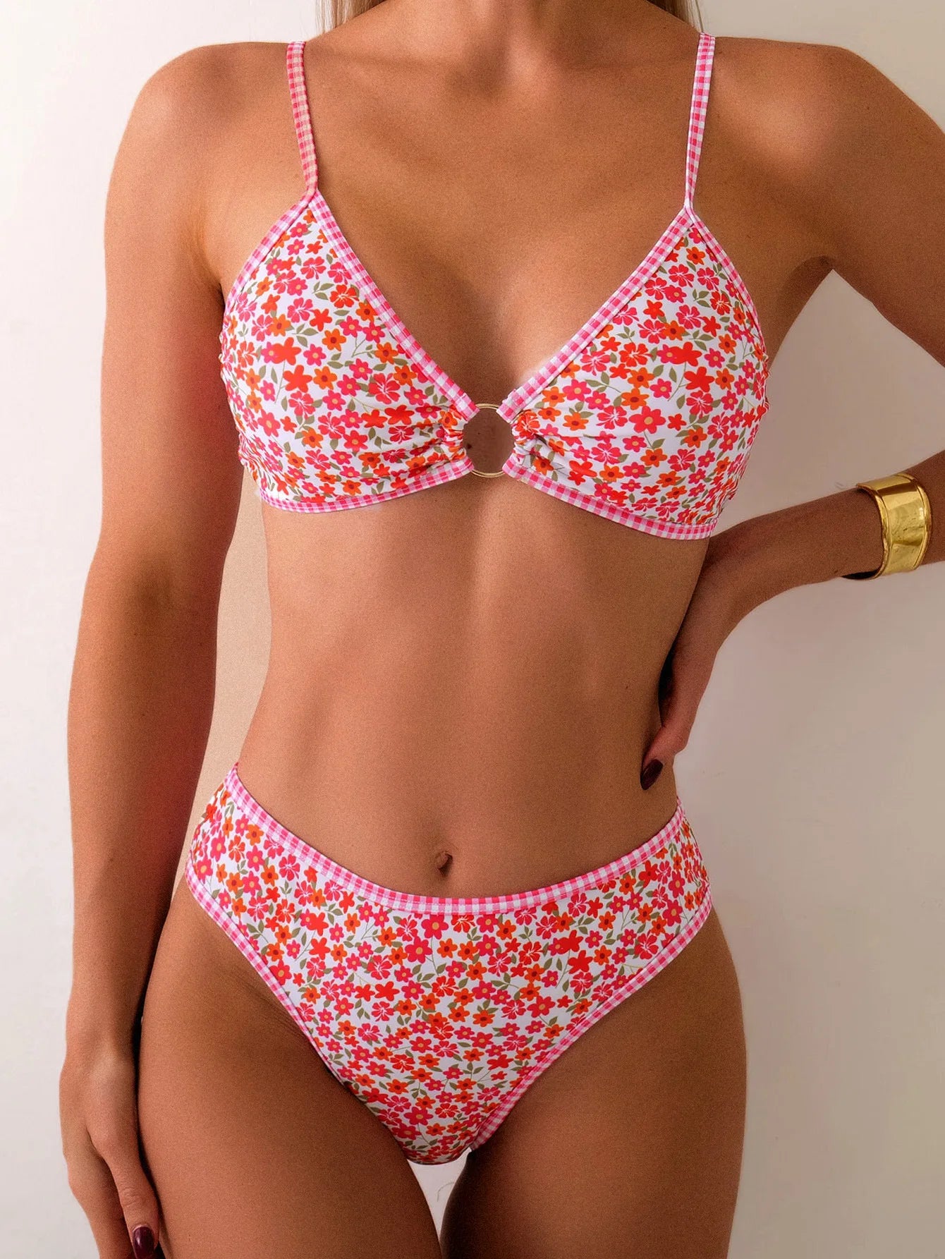 Floral Ring Detail High Waist Bikini Set Swimwear