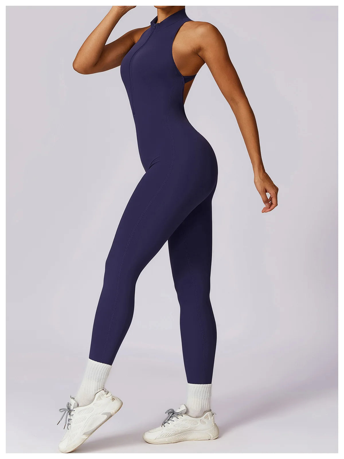 One-Piece Activewear Jumpsuit - V-Back Zip Front with Sculpting Fit