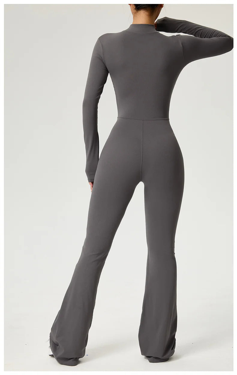 Long Sleeve Zip Front Jumpsuit Women High Neck Flare Leg Stretch Catsuit