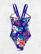 Floral Print Ruched One Piece Swimsuit Cross Back Monokini