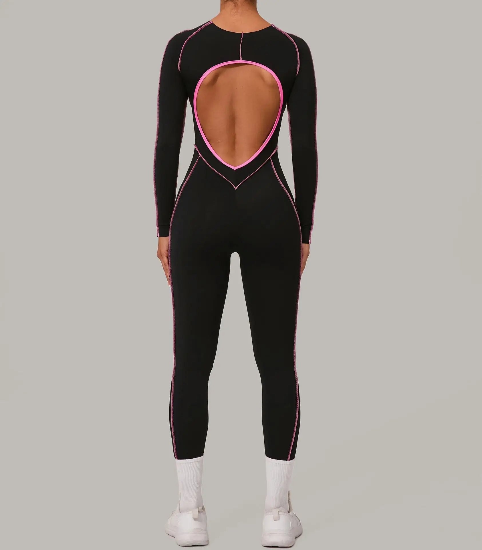 Long Sleeve Backless Jumpsuit Women Hollow Out Contrast Trim Sculpting Catsuit