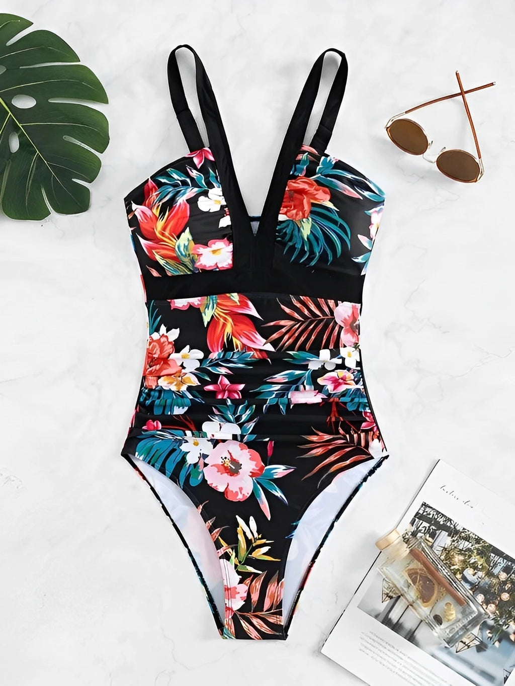 Floral Print Ruched One Piece Swimsuit Cross Back Monokini