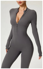 Long Sleeve Zip Front Jumpsuit Women High Neck Flare Leg Stretch Catsuit