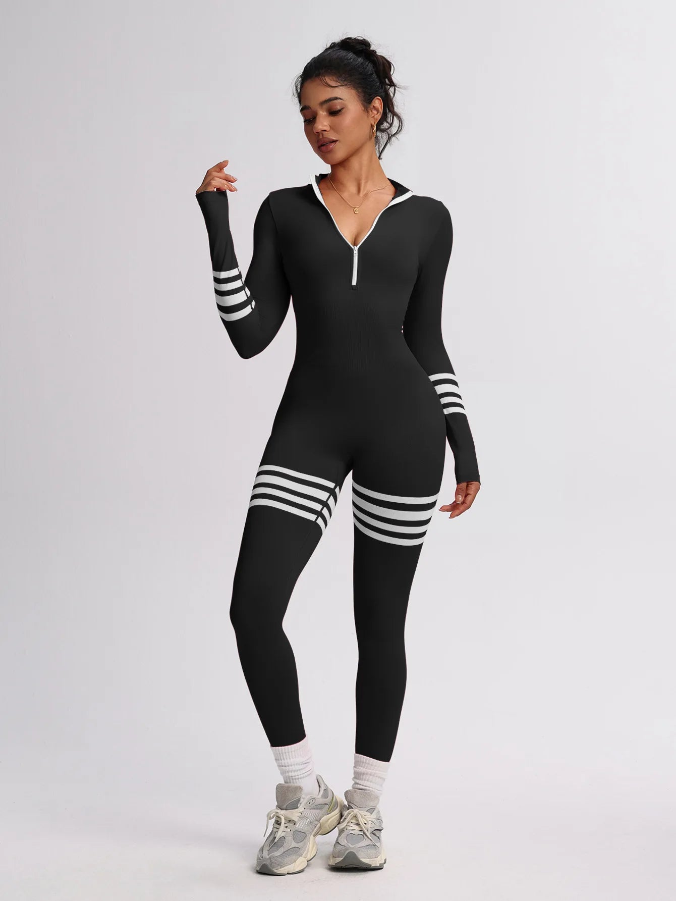 Long Sleeve Jumpsuit Zip Front Stripe Catsuit