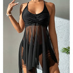 Mesh Skirt Tankini Set Cross Back Adjustable Strap Swimwear