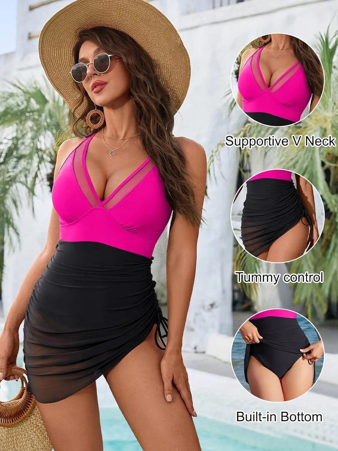 Mesh Ruched One Piece Swimsuit Adjustable Strap Monokini