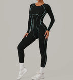 Long Sleeve Backless Jumpsuit Women Hollow Out Contrast Trim Sculpting Catsuit