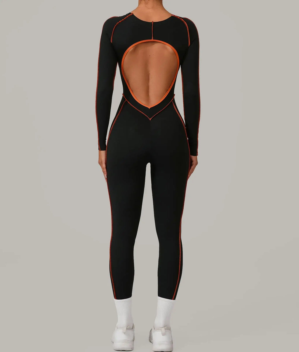 Long Sleeve Backless Jumpsuit Women Hollow Out Contrast Trim Sculpting Catsuit