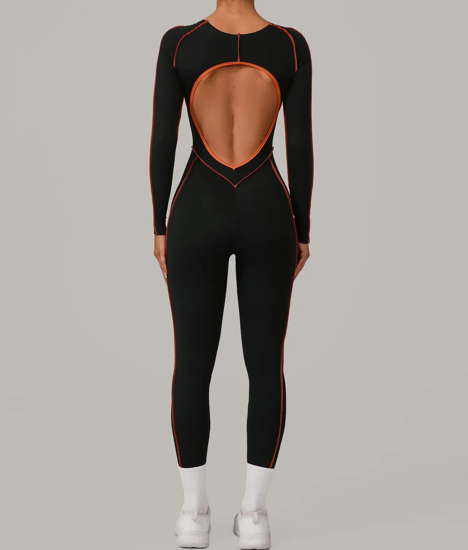 Long Sleeve Backless Jumpsuit Women Hollow Out Contrast Trim Sculpting Catsuit