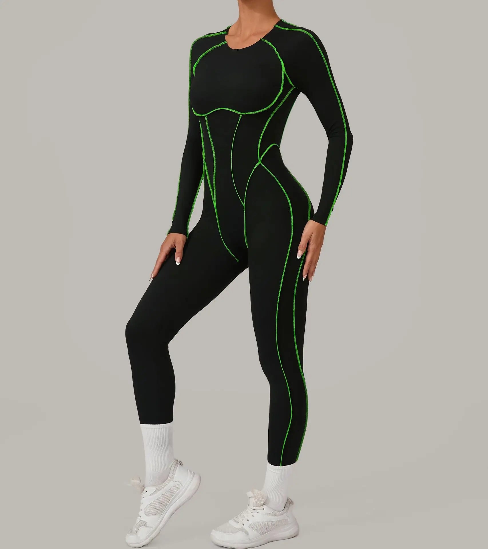 Long Sleeve Backless Jumpsuit Women Hollow Out Contrast Trim Sculpting Catsuit