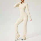 Long Sleeve Zip Front Jumpsuit Women High Neck Flare Leg Stretch Catsuit