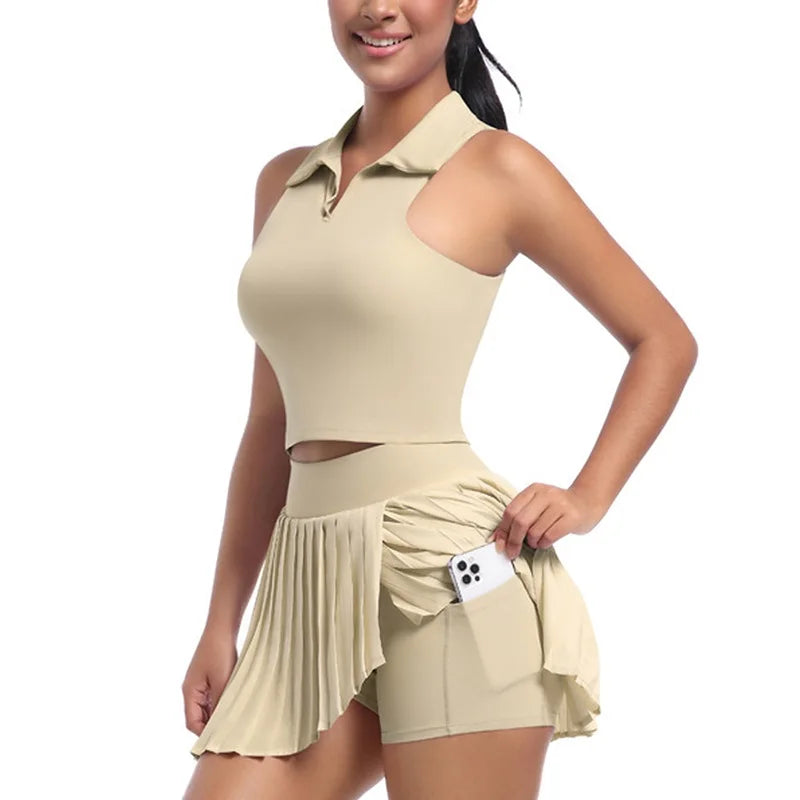 Tennis Skirt Set High Waist Pleated Polo Crop