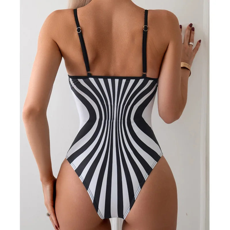 Striped One Piece Swimsuit Push Up Adjustable Strap Monokini