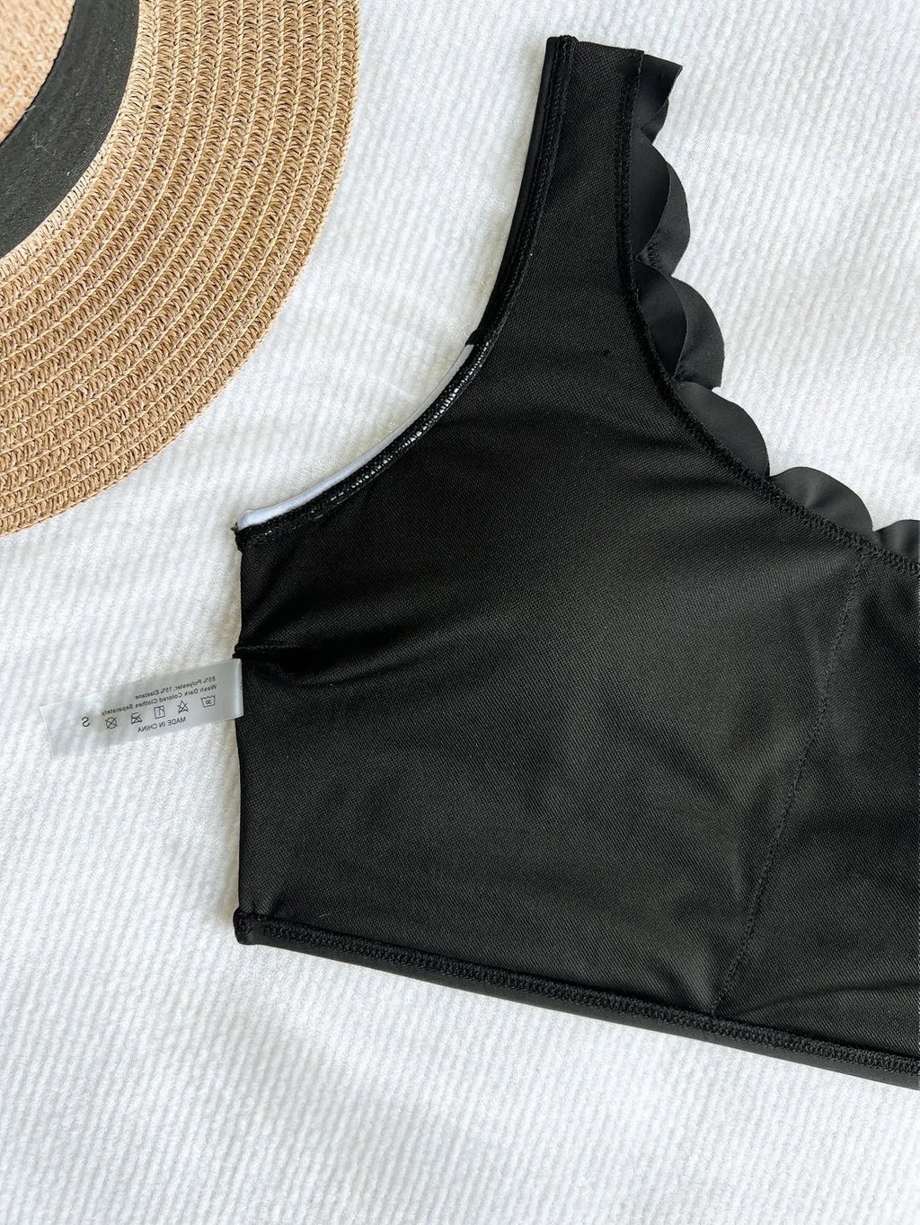 Scalloped One Shoulder High Waist Bikini Set Black White Swimwear
