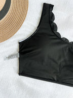 Scalloped One Shoulder High Waist Bikini Set Black White Swimwear