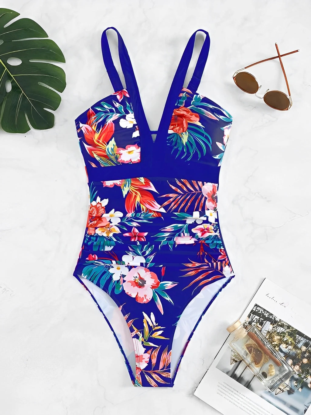 Floral Print Ruched One Piece Swimsuit Cross Back Monokini
