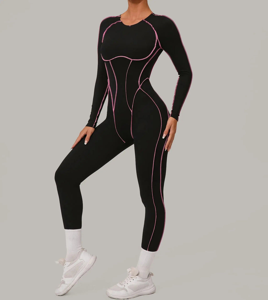 Long Sleeve Backless Jumpsuit Women Hollow Out Contrast Trim Sculpting Catsuit