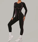 Long Sleeve Backless Jumpsuit Women Hollow Out Contrast Trim Sculpting Catsuit