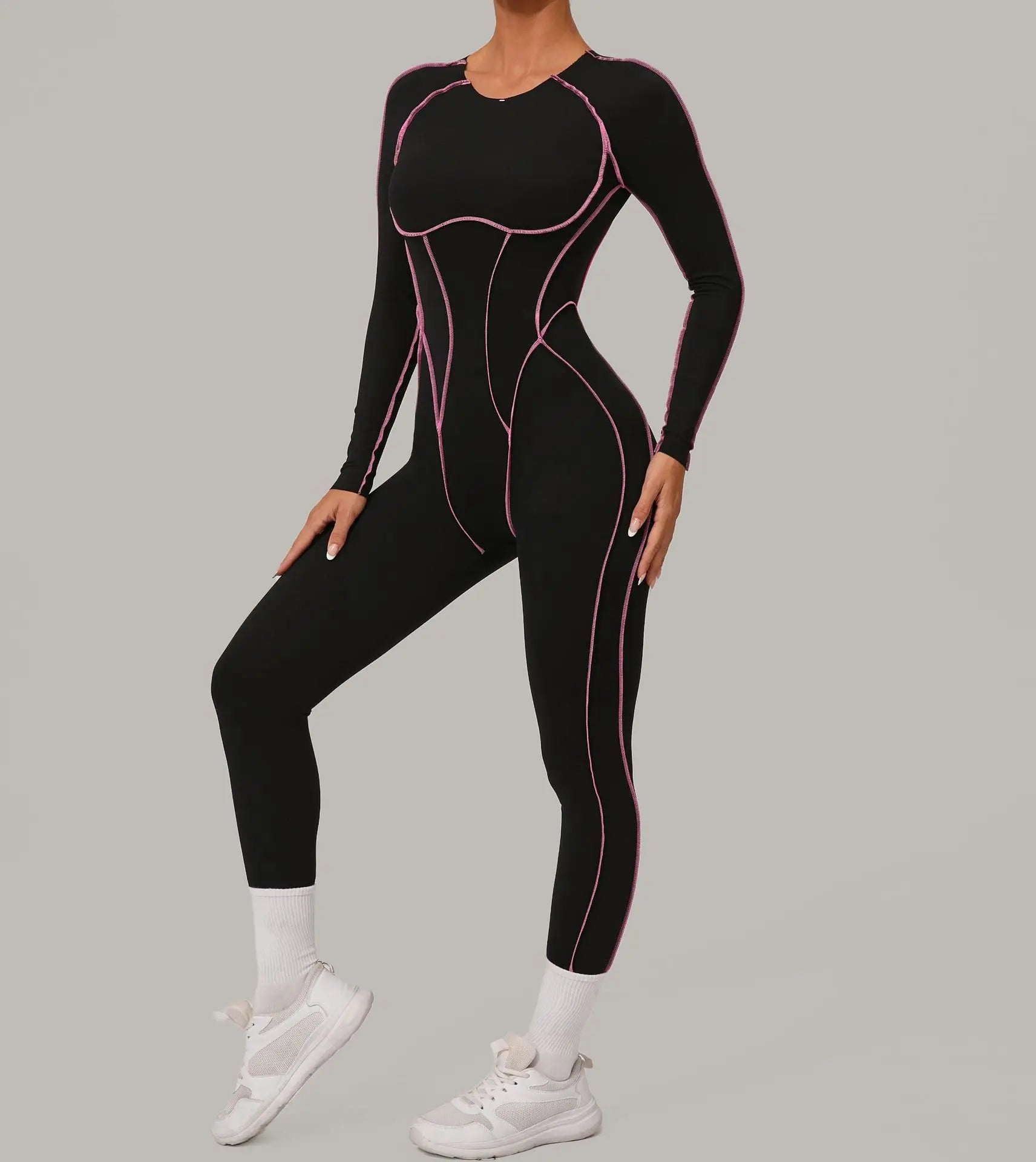 Long Sleeve Backless Jumpsuit Women Hollow Out Contrast Trim Sculpting Catsuit