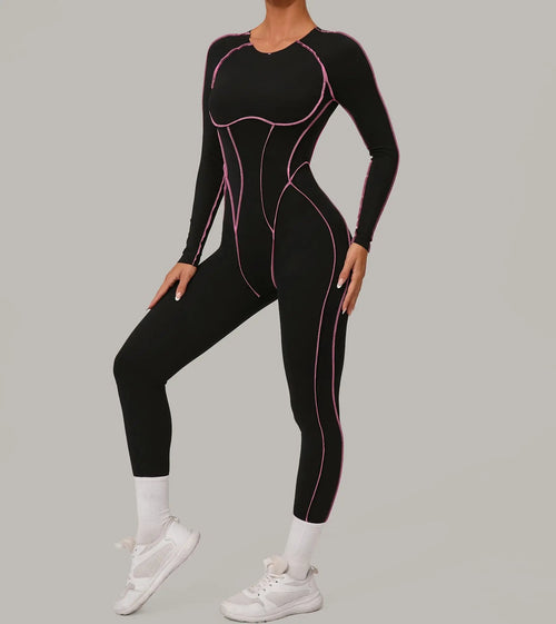 Long Sleeve Backless Jumpsuit Women Hollow Out Contrast Trim Sculpting Catsuit