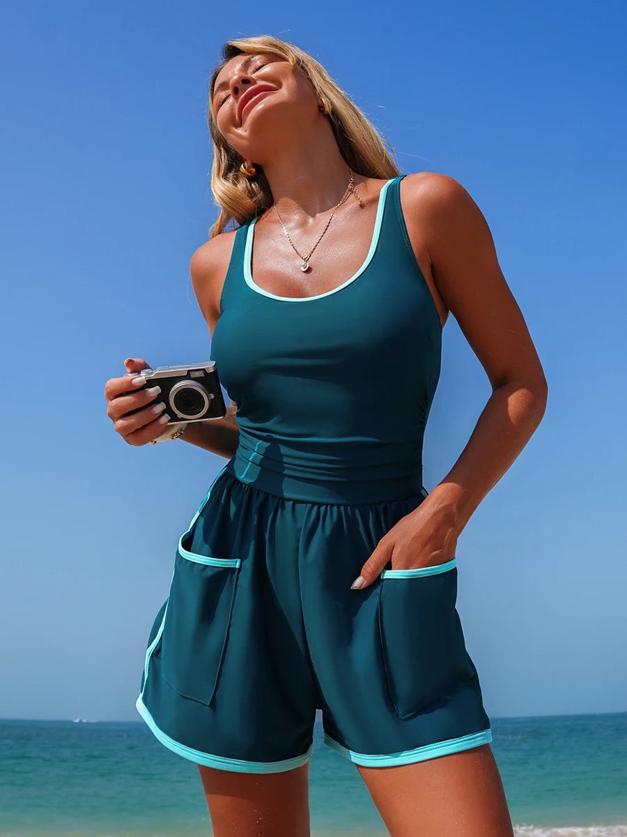 Neon Trim One Piece with Built-In Shorts Swimwear