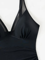 Mesh Ruched One Piece Swimsuit Adjustable Strap Monokini