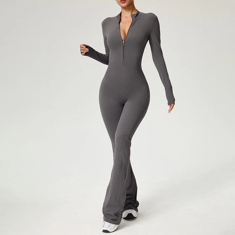 Long Sleeve Zip Front Jumpsuit Women High Neck Flare Leg Stretch Catsuit