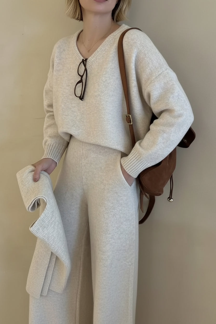 Conjunto de Tricô Premium 3 Peças Blusa Decote V, Calça Wide Leg e Capa