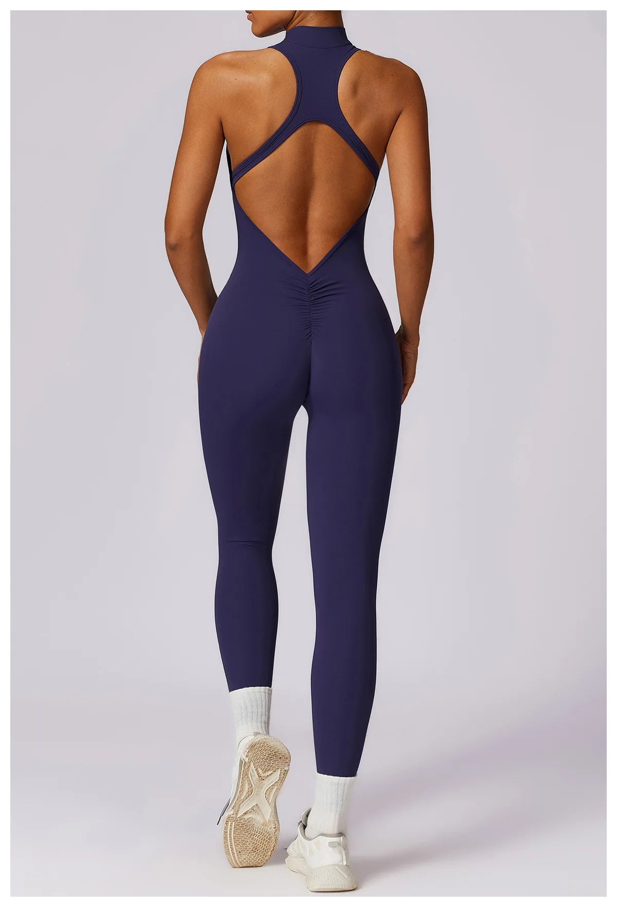 One-Piece Activewear Jumpsuit - V-Back Zip Front with Sculpting Fit