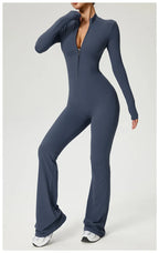 Long Sleeve Zip Front Jumpsuit Women High Neck Flare Leg Stretch Catsuit