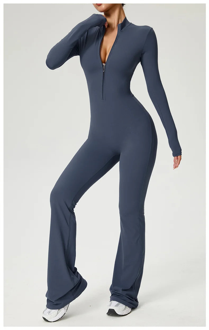 Long Sleeve Zip Front Jumpsuit Women High Neck Flare Leg Stretch Catsuit