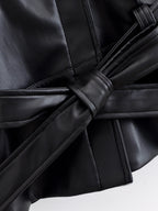 Jaqueta Trench Coat Casual em Couro PU com Cinto