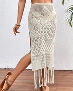 Knitted Tassel Sarong Skirt High Slit Cover Up