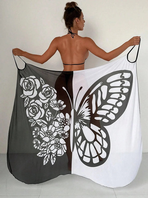 Butterfly Print Beach Cover Up Sarong Wrap Tunic