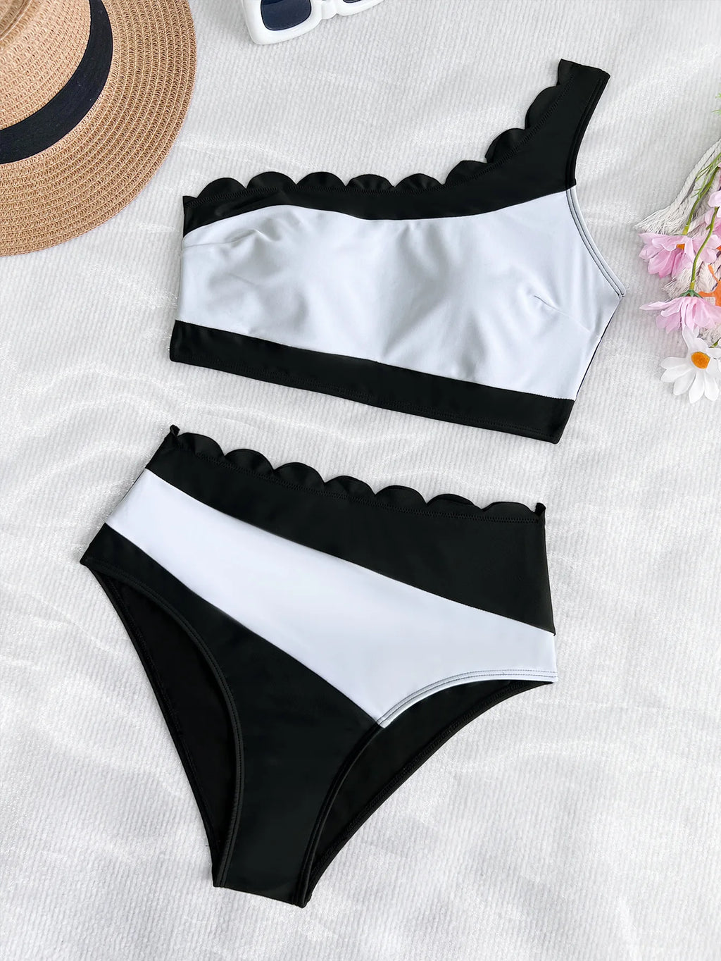 Scalloped One Shoulder High Waist Bikini Set Black White Swimwear