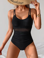 Mesh Insert One Piece Swimsuit Adjustable Strap Monokini