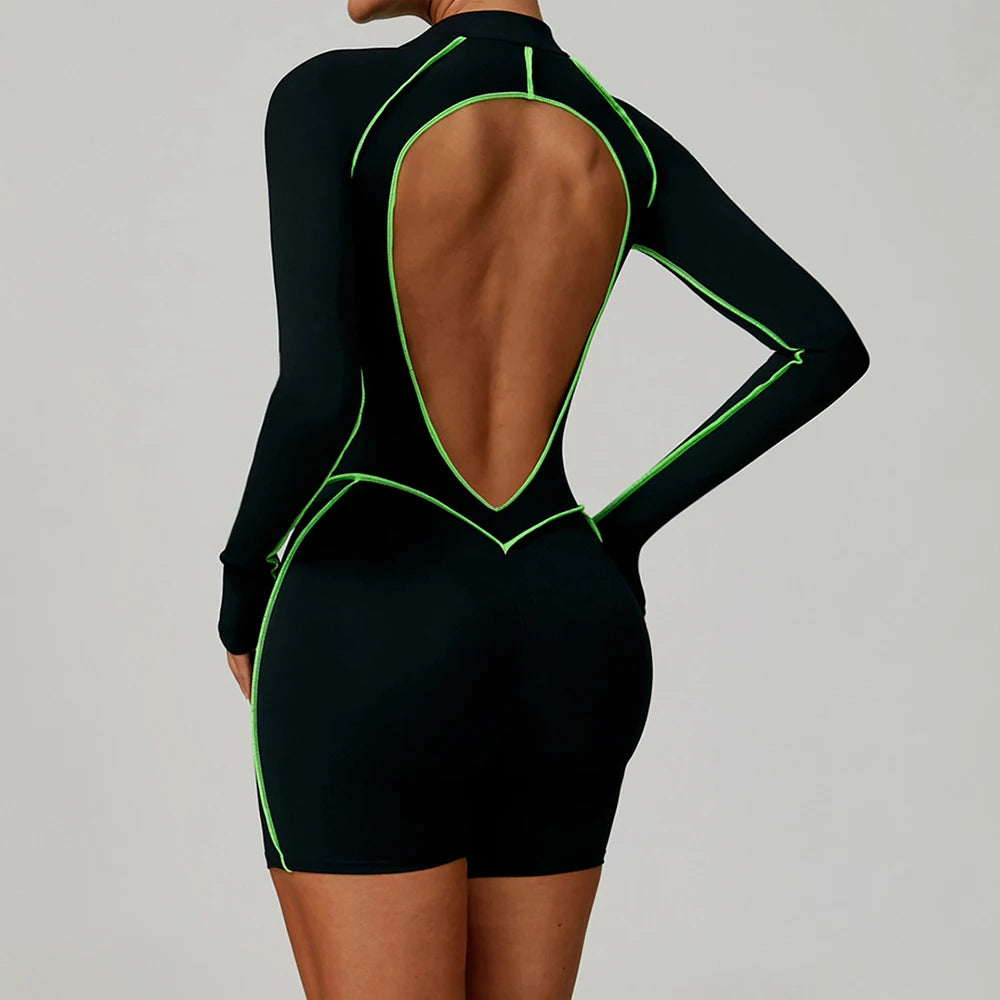 Long Sleeve Backless Shorts Jumpsuit Black Women Zip Front Contrast Trim Workout Catsuit