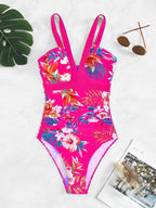 Floral Print Ruched One Piece Swimsuit Cross Back Monokini