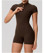Short Sleeve Backless Yoga Jumpsuit Women Zip Front Fitness Romper