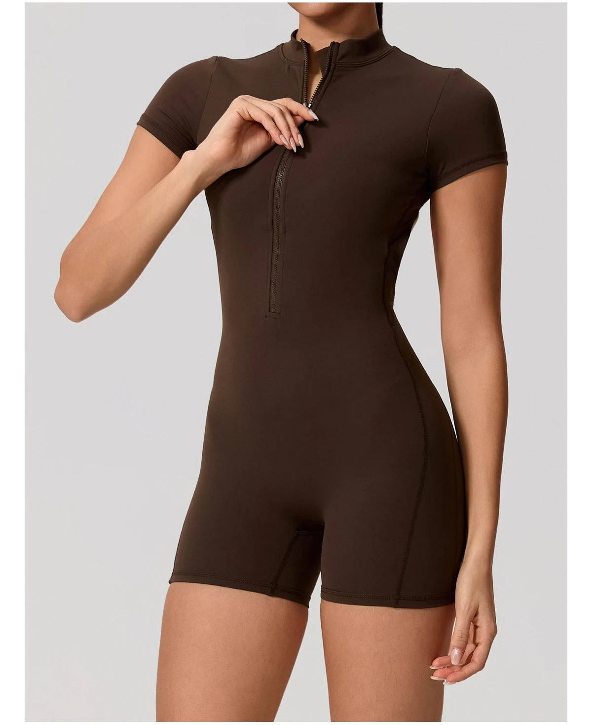 Short Sleeve Backless Yoga Jumpsuit Women Zip Front Fitness Romper