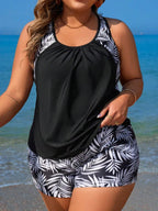 Plus Size Leaf Print Tankini Set High Waist Swimwear