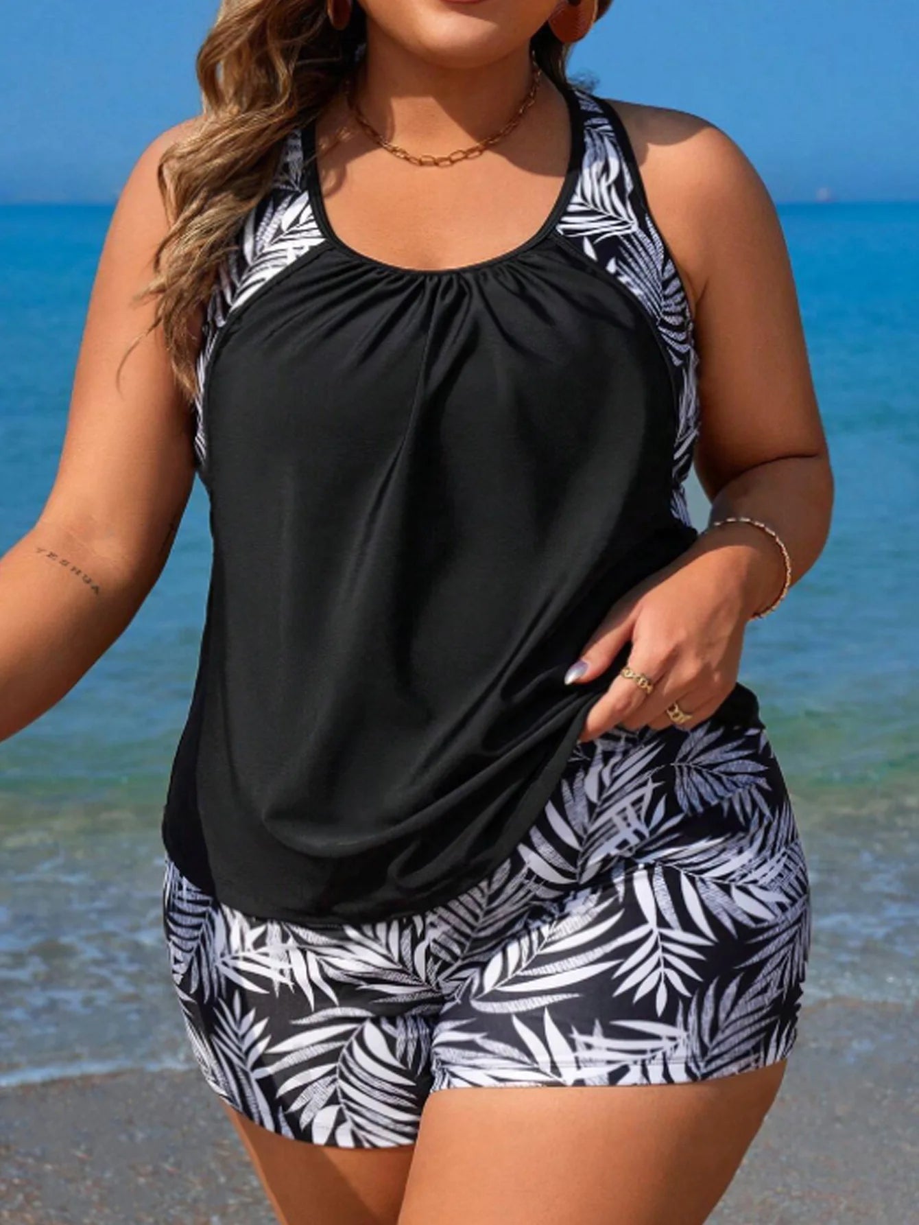 Plus Size Leaf Print Tankini Set High Waist Swimwear